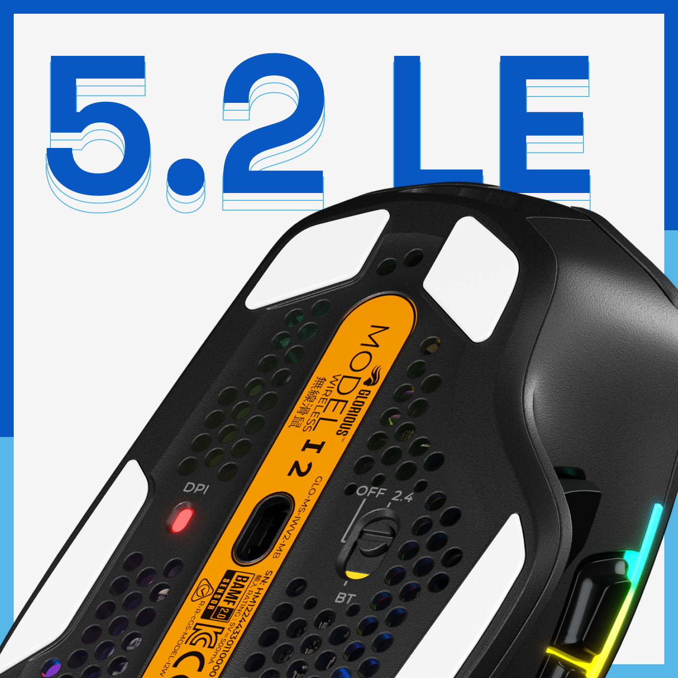 Bottom of the Model I 2 Wireless mouse in Black showing the switch for 5.2 LE Bluetooth connectivity
